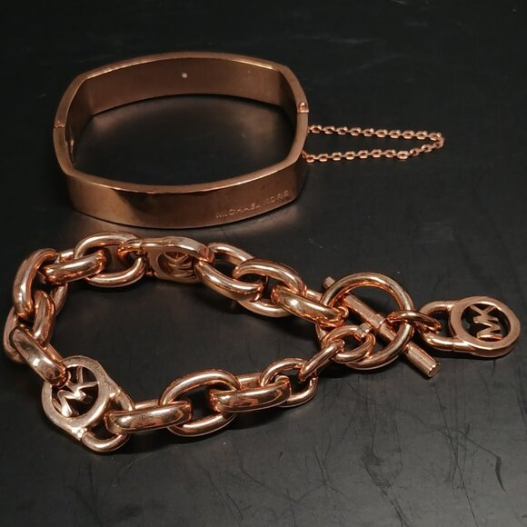 Michael Kors Rose Gold Tone Link Chain & Bangle Bracelet Set 8"/2.25" 139.6g - Picture 1 of 16
